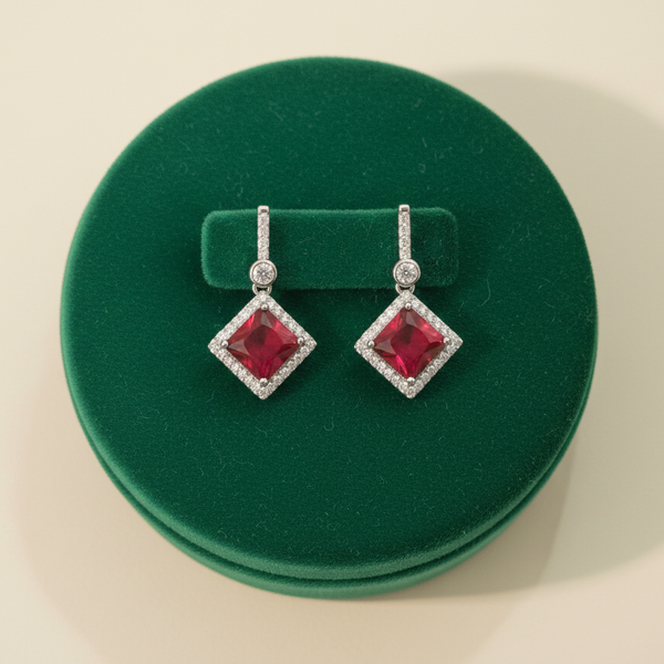 Regal Square Ruby Halo Drop Earrings