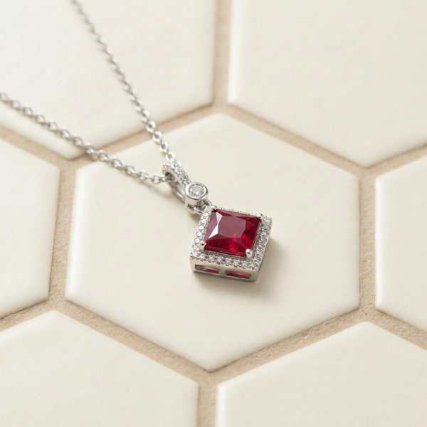 Crimson Regal Square Silver Chain Pendant