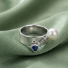 Blue Heart & Pearl Bypass Silver Ring
