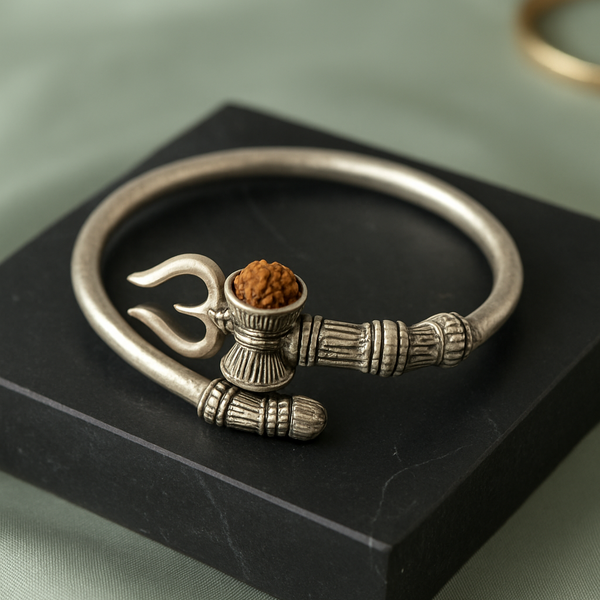 Divine Trio: Adjustable Silver Trishul, Damaru & Rudraksha Kada
