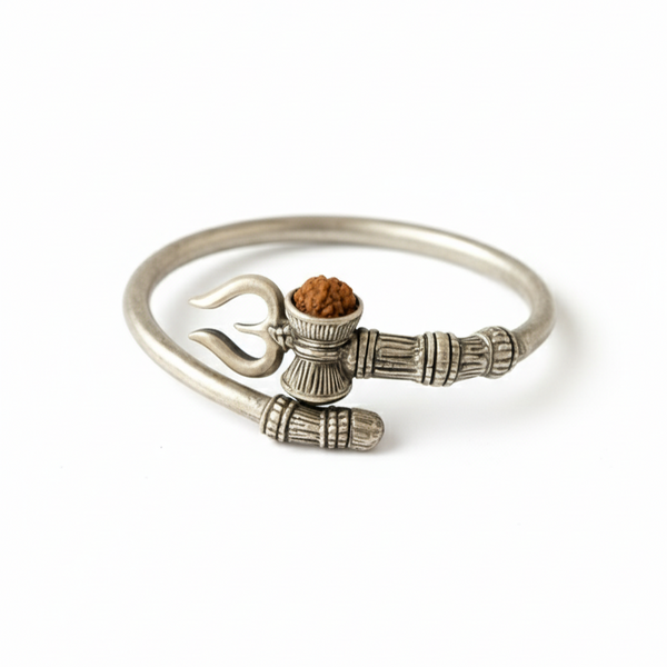 Divine Trio: Adjustable Silver Trishul, Damaru & Rudraksha Kada