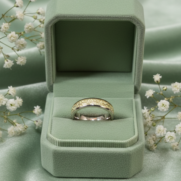 Silver Band with Elegant White Enamel Pattern