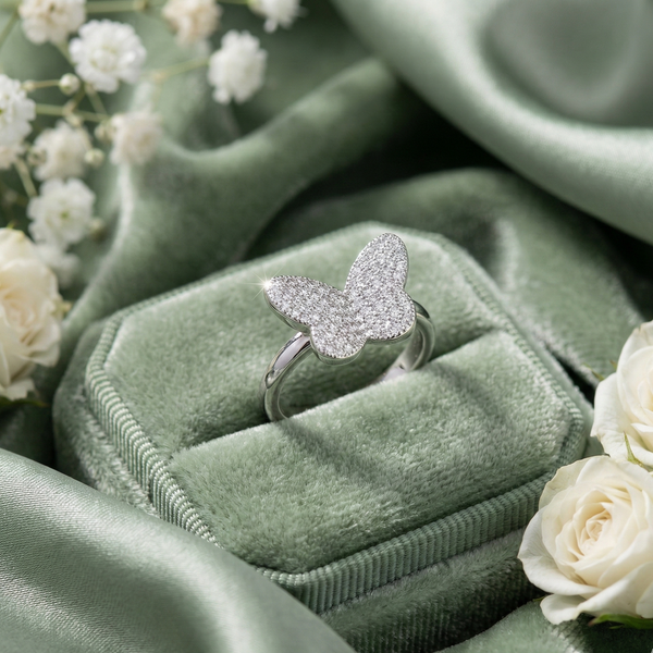 Elegant Silver Pave Butterfly Ring