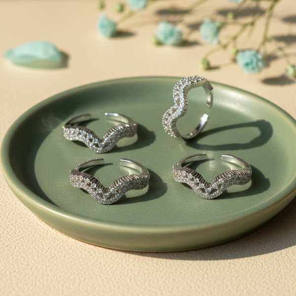 Elegant Sparkling Pave Wave Adjustable Toe Ring (Set of 4)