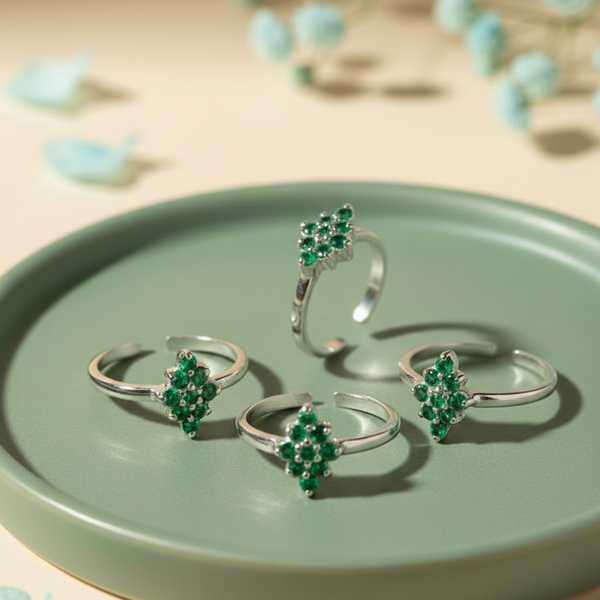 Emerald Green Cubic Zirconia Flower Adjustable Toe Ring (Set of 4)