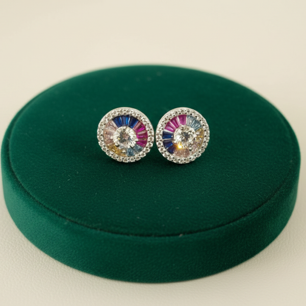 Rainbow Baguette Radiant Halo Studs