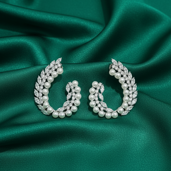 Pearl & Marquise CZ Silver Hoop Earrings