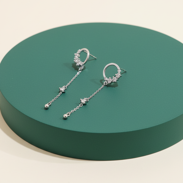 Sparkling Halo Chain Drop Silver Earrings