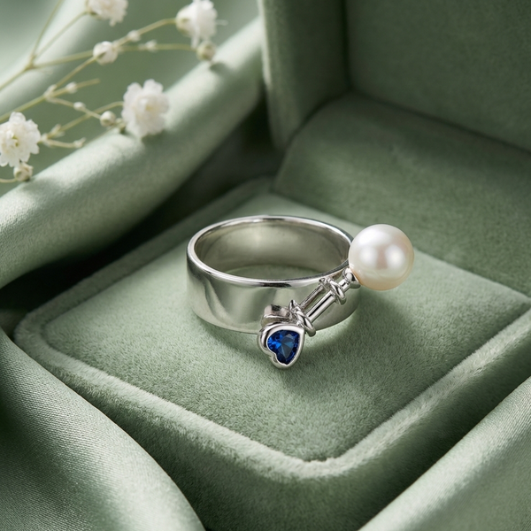 Blue Heart & Pearl Bypass Silver Ring