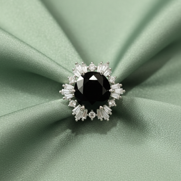 Sterling Silver Black Onyx Starburst Halo Ring