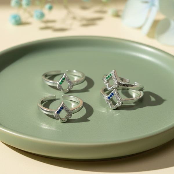 Open Pave Heart Adjustable Toe Ring with Color Accents (Set of 4)